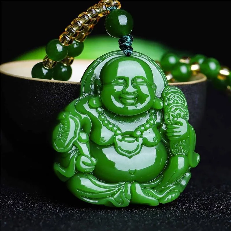 Men'S Fashion Necklaces - Chinese Green Jade Maitreya Buddha Pendant