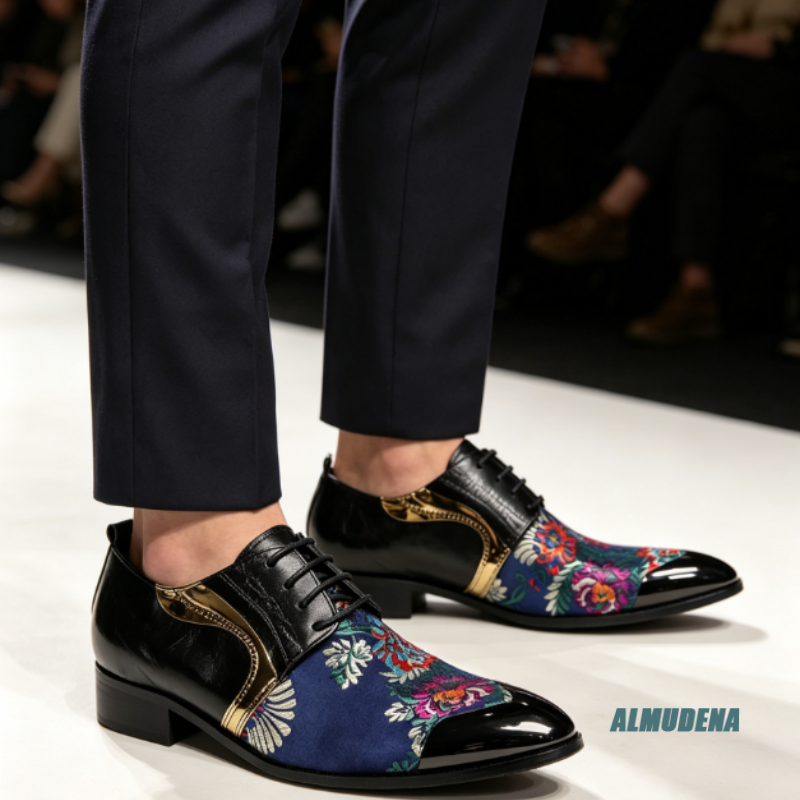Mens Fashion Dress - Pointed Toe Floral Patchwork Men Oxford
