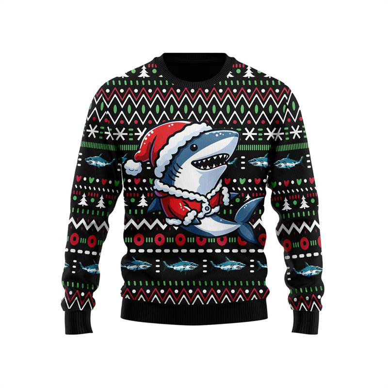 Mens Xmas Fashion - Funny Shark Graphic Ugly Christmas Sweater