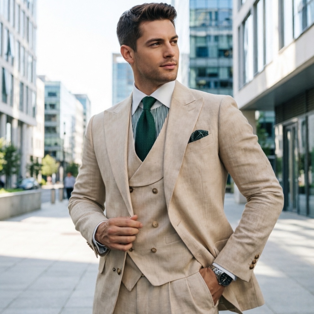 Beige Men Suits 3 Pieces Linen - Men'S Fashion Outfits 2026 recensione e prezzo
